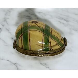 Limoges Men's Golfing Cap Trinket Box Gold and Green Stripes Porcelain France